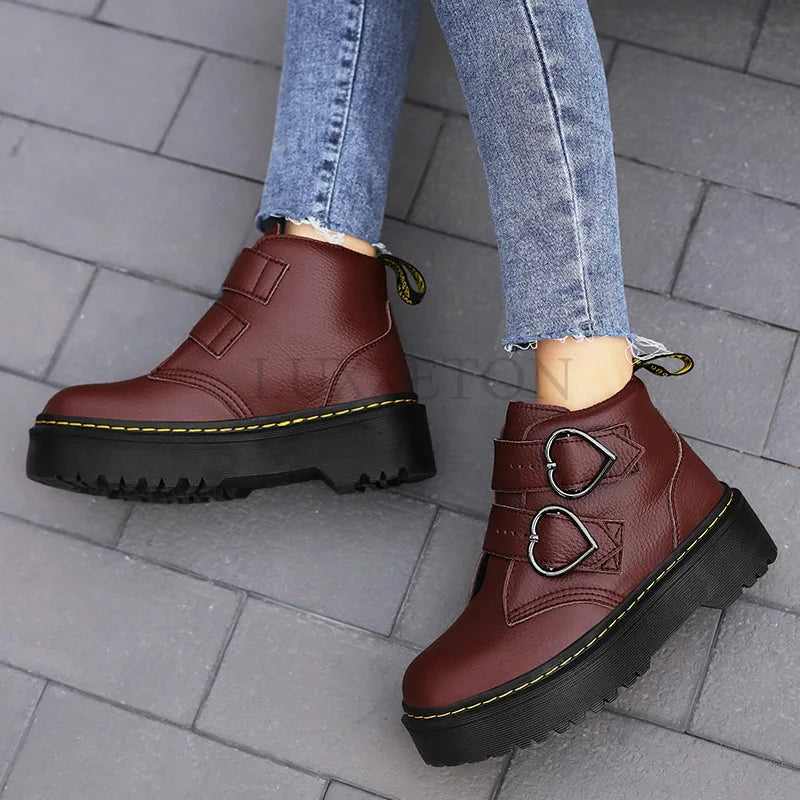 Women’s Ankle Boots – Chunky Sole – Heart Buckle Straps – Structured Fit