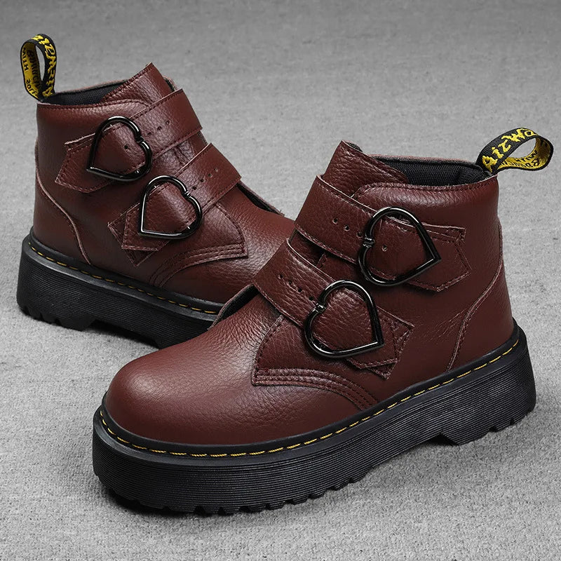 Women’s Ankle Boots – Chunky Sole – Heart Buckle Straps – Structured Fit