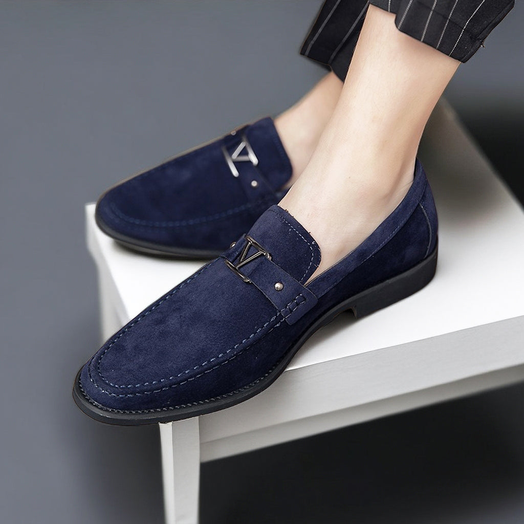Men’s Slip-On Loafers – Suede Look – Streamlined Fit – Metal Detail – Classic Design