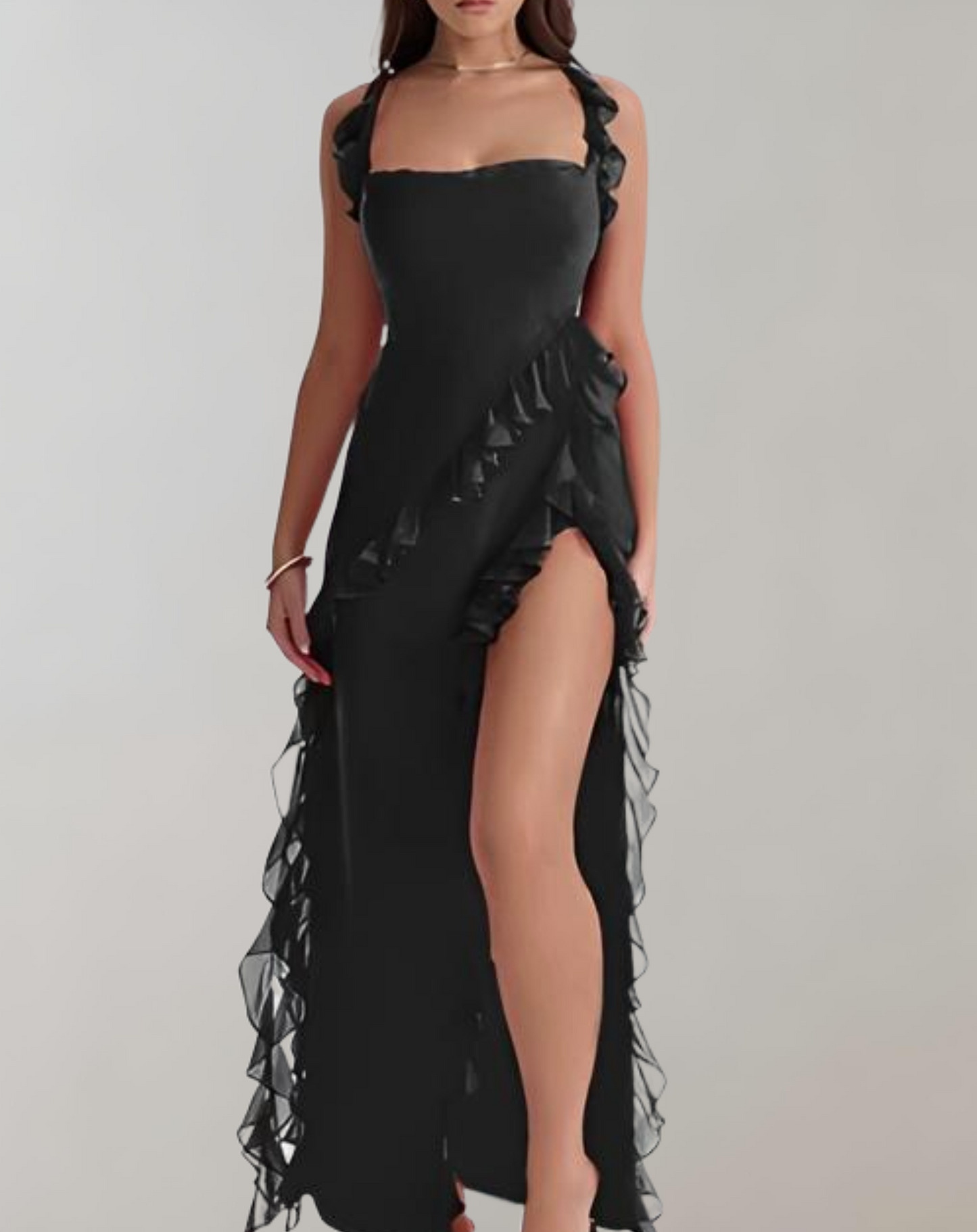 Women’s Evening Dress – Square Neckline – Ruffled Straps – High Slit – Elegant Fit