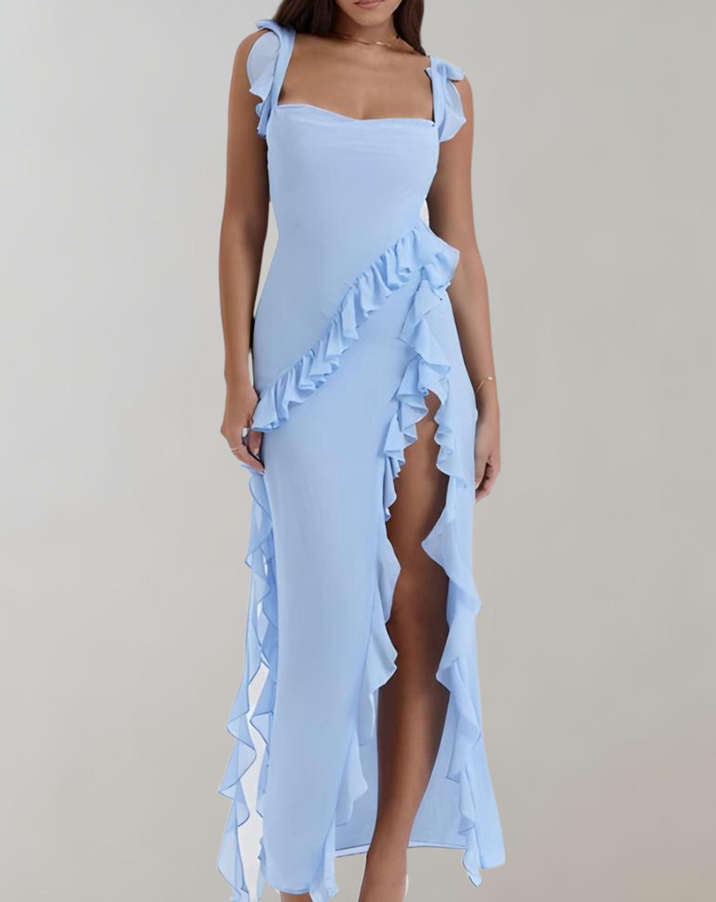 Women’s Evening Dress – Square Neckline – Ruffled Straps – High Slit – Elegant Fit