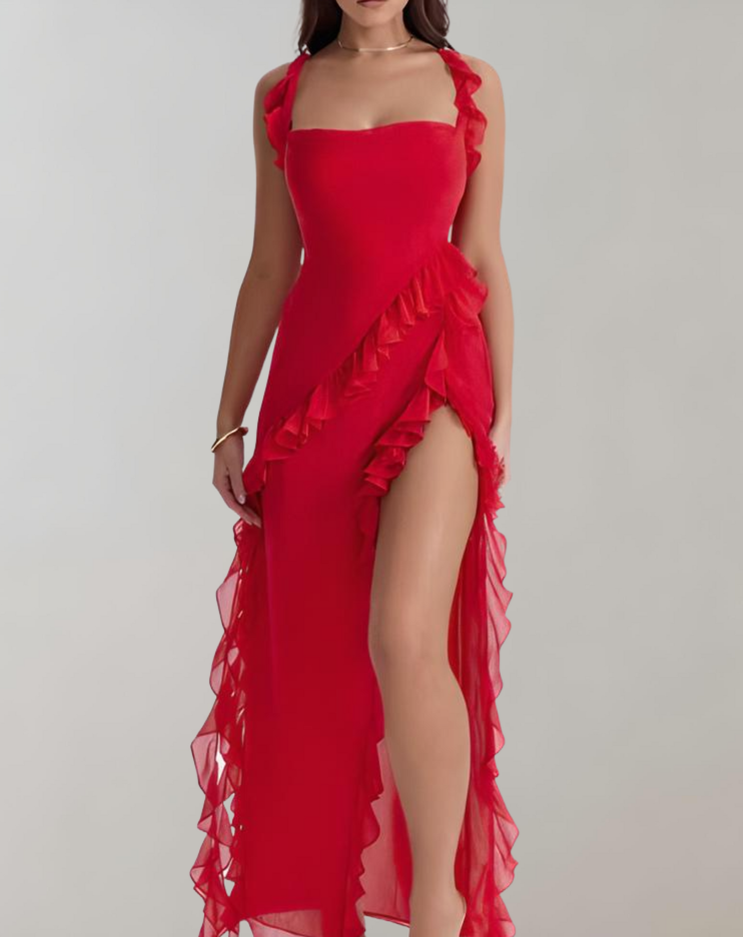 Women’s Evening Dress – Square Neckline – Ruffled Straps – High Slit – Elegant Fit