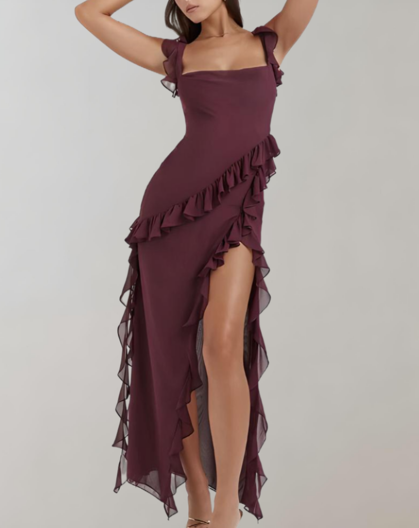 Women’s Evening Dress – Square Neckline – Ruffled Straps – High Slit – Elegant Fit