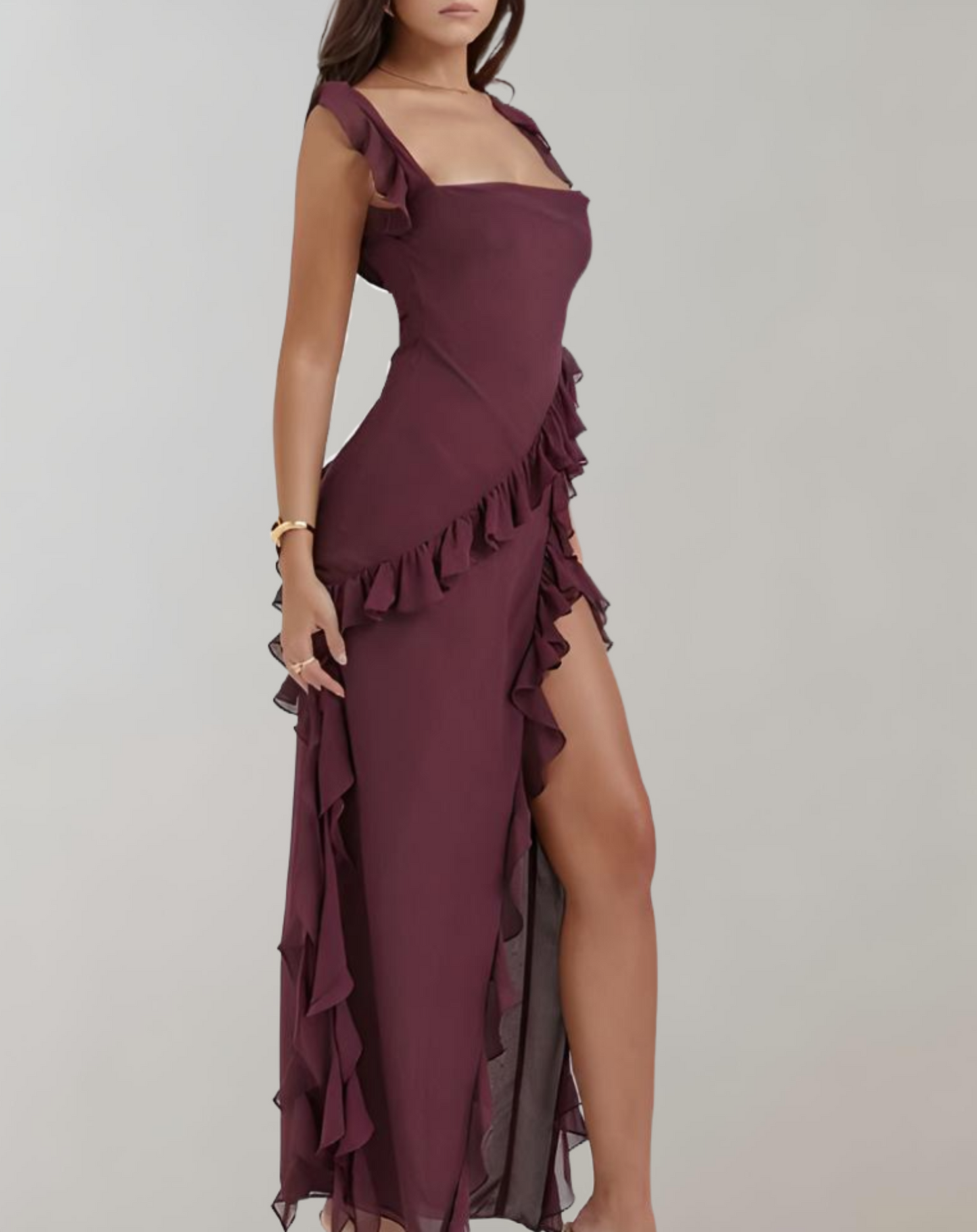 Women’s Evening Dress – Square Neckline – Ruffled Straps – High Slit – Elegant Fit