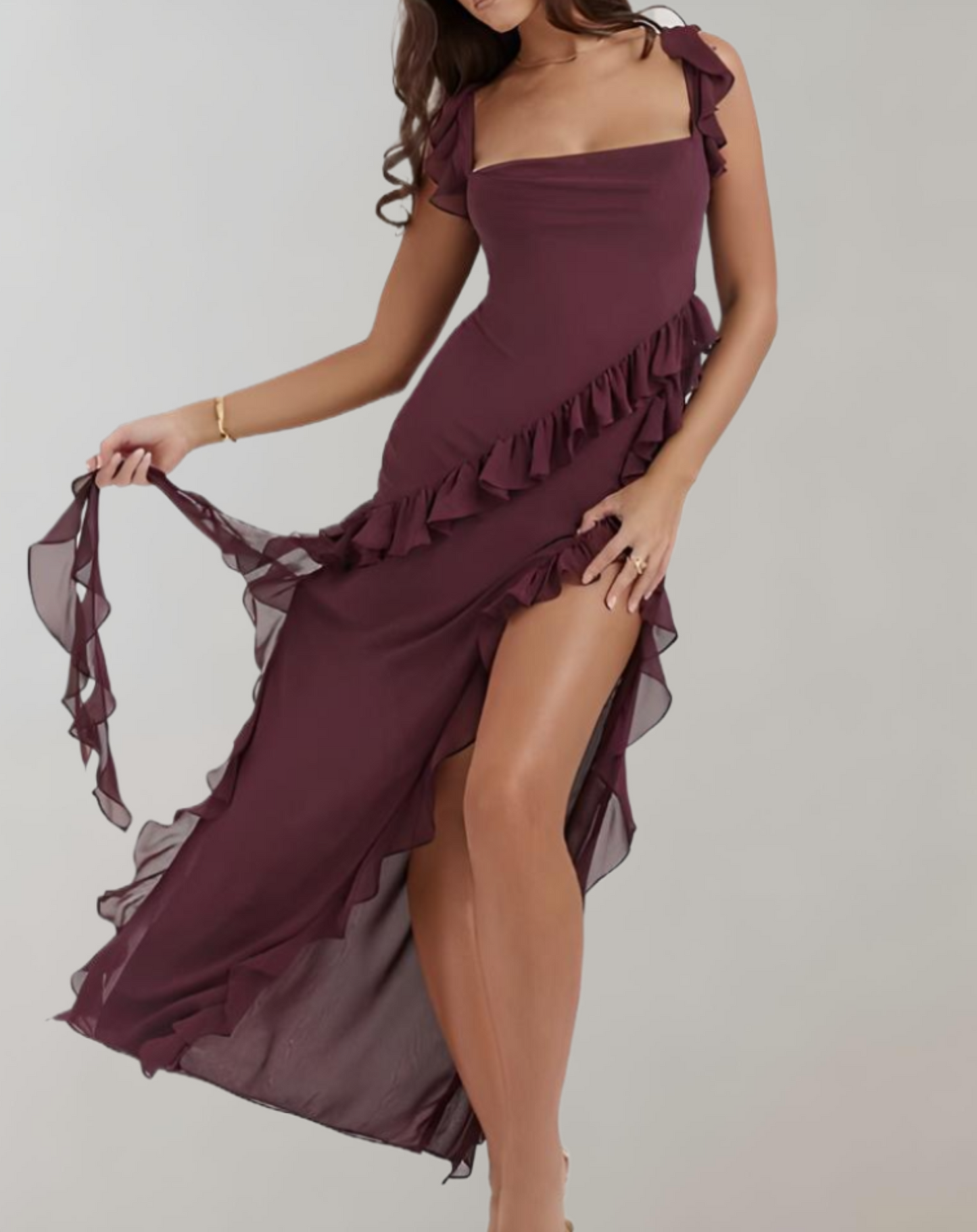 Women’s Evening Dress – Square Neckline – Ruffled Straps – High Slit – Elegant Fit