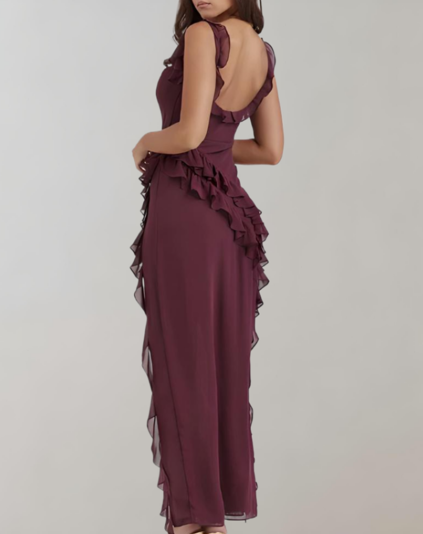 Women’s Evening Dress – Square Neckline – Ruffled Straps – High Slit – Elegant Fit
