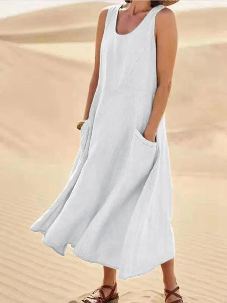 Women’s Maxi Dress - Sleeveless Scoop Neck - Cotton Blend - Relaxed Fit with Pockets