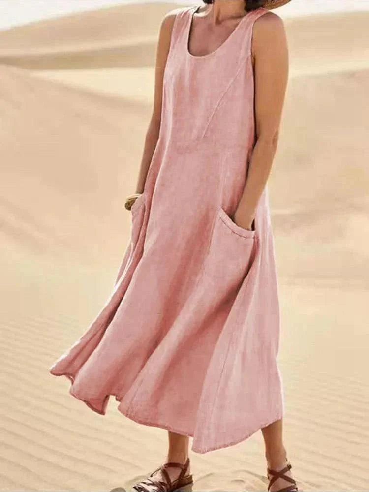 Women’s Maxi Dress - Sleeveless Scoop Neck - Cotton Blend - Relaxed Fit with Pockets