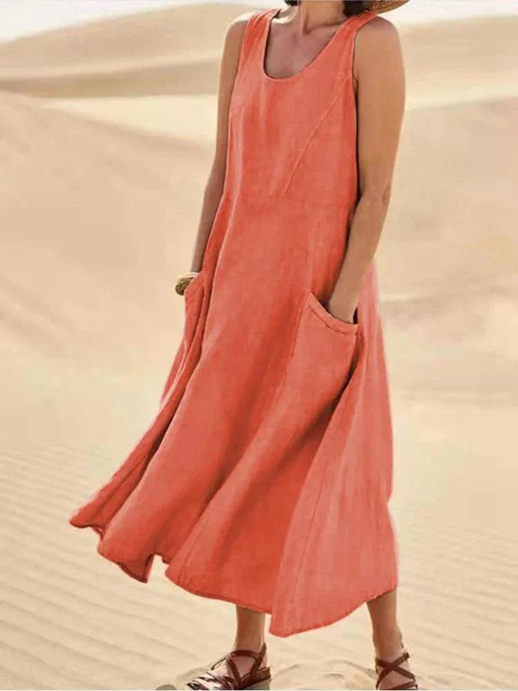 Women’s Maxi Dress - Sleeveless Scoop Neck - Cotton Blend - Relaxed Fit with Pockets