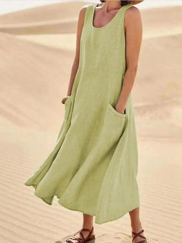 Women’s Maxi Dress - Sleeveless Scoop Neck - Cotton Blend - Relaxed Fit with Pockets