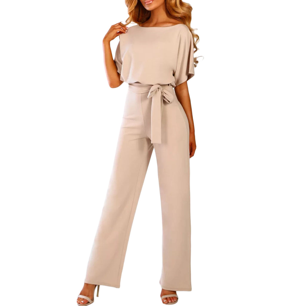 Women's Jumpsuit - Wide Leg - Belted Waist - Boat Neck - Short Sleeve Elegant Fit