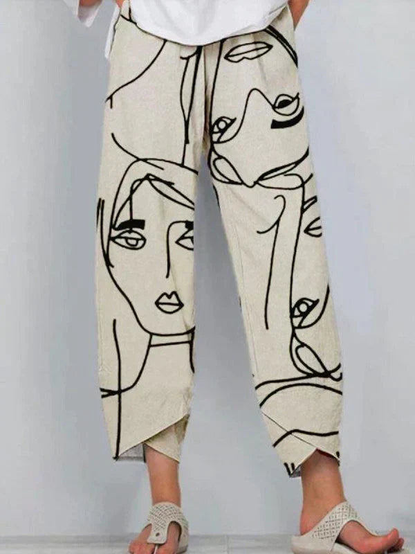 Women’s Wide-Leg Trousers – Relaxed Fit – Breathable Blend – Artistic Abstract Print