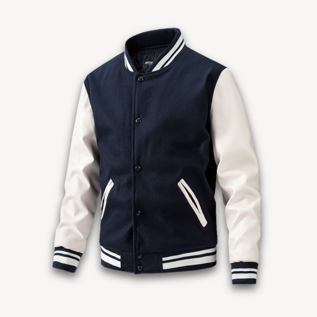 Men’s Varsity Jacket – Wool Blend Body – Faux Leather Sleeves – Classic Fit – Snap Front