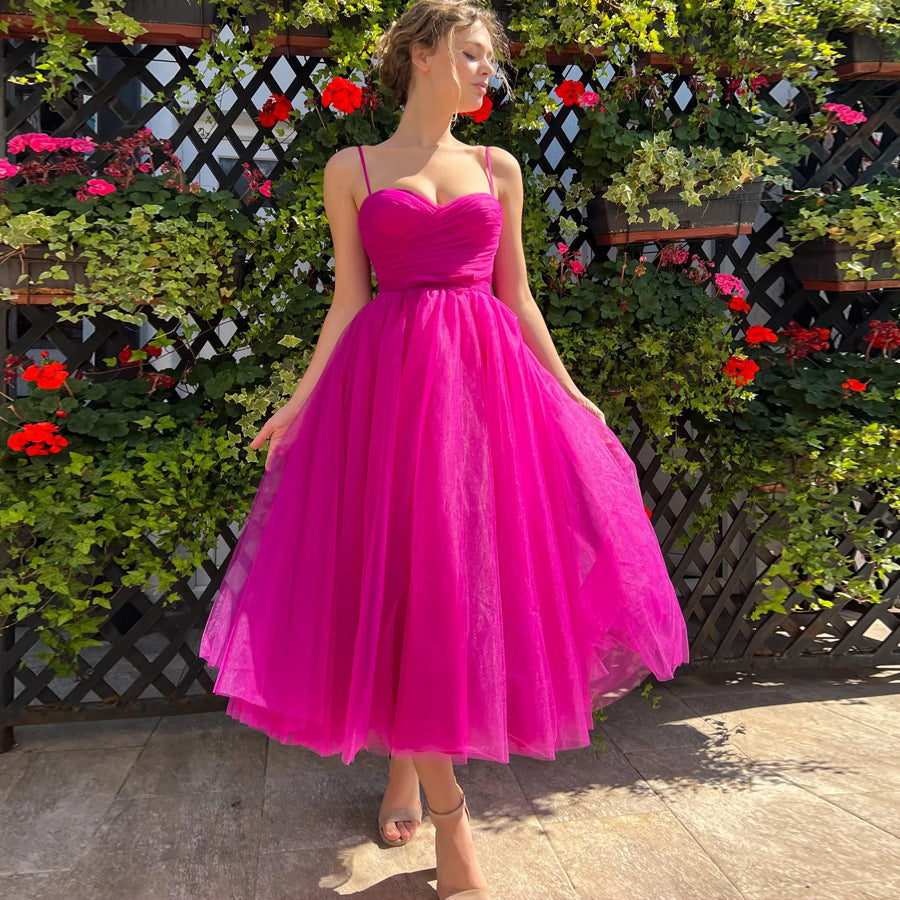 Women's Dress - Fit-and-Flare - Sweetheart Neckline - Spaghetti Straps - Tulle Overlay