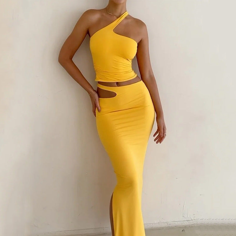 Women’s One Shoulder Top and Midi Skirt Set – Slim Fit – Cut-Out Waist – Ruched Detail
