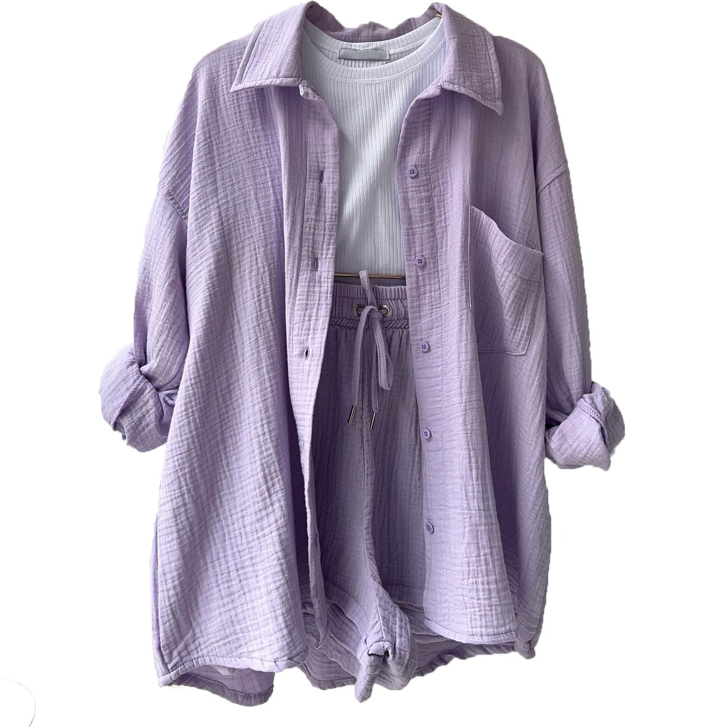 Women’s Two-Piece Set – Crinkled Shirt with Classic Collar – High-Waisted Drawstring Shorts