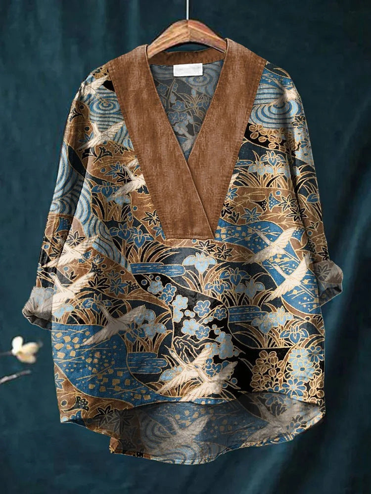 Women’s Long Sleeve Shirt – Relaxed Fit – V-Neck – Digital Print