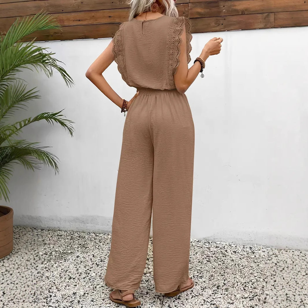 Women’s Loungewear Set – Sleeveless Lace Trim Top – Wide-Leg Drawstring Pants