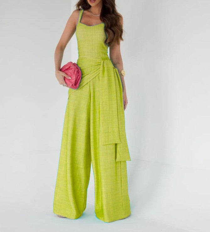 Women’s Jumpsuit – Wide Leg – Sleeveless – Adjustable Waist – Linen Blend – Full Length