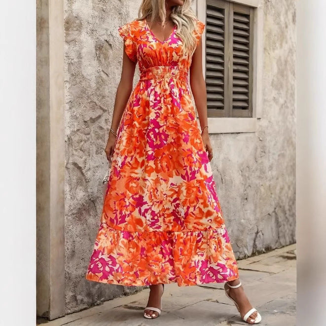 Women’s Maxi Dress – Sleeveless – V-Neck – Floral Print – Tiered Hem – Relaxed Fit