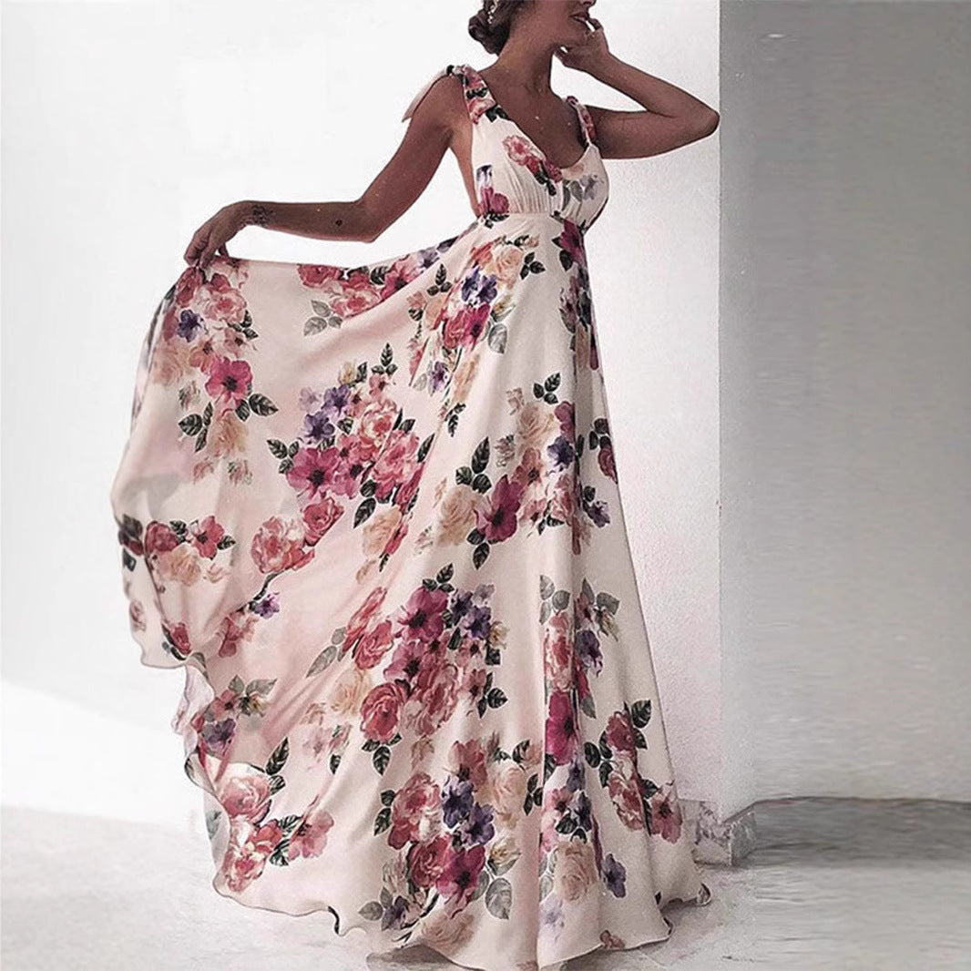 Women’s Maxi Dress – A-Line Fit – Floral Print – Spaghetti Straps – Backless Sleeveless
