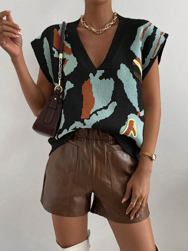 Women’s Knitted Vest – V-Neck – Loose Fit – Jacquard Pattern – Ribbed Hem