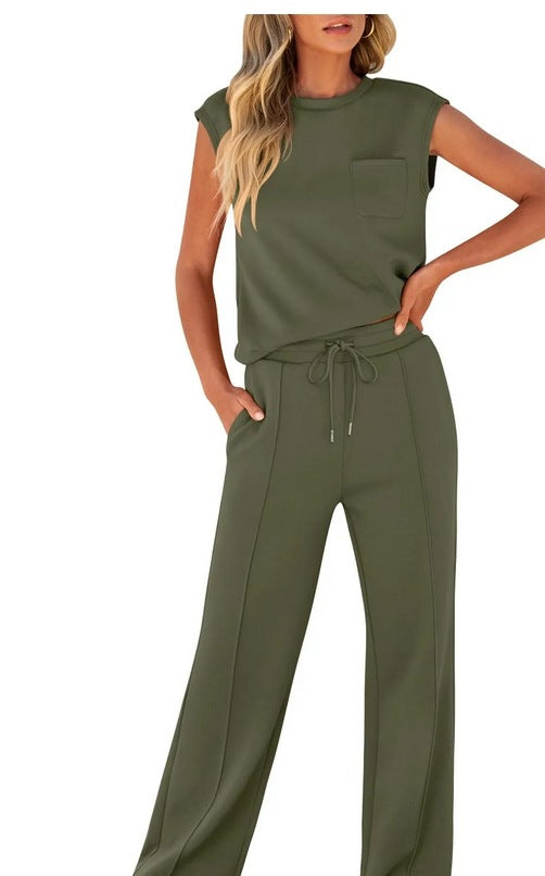 Women’s Two-Piece Set – Sleeveless Top – Drawstring Waist – Relaxed Fit Cotton Blend