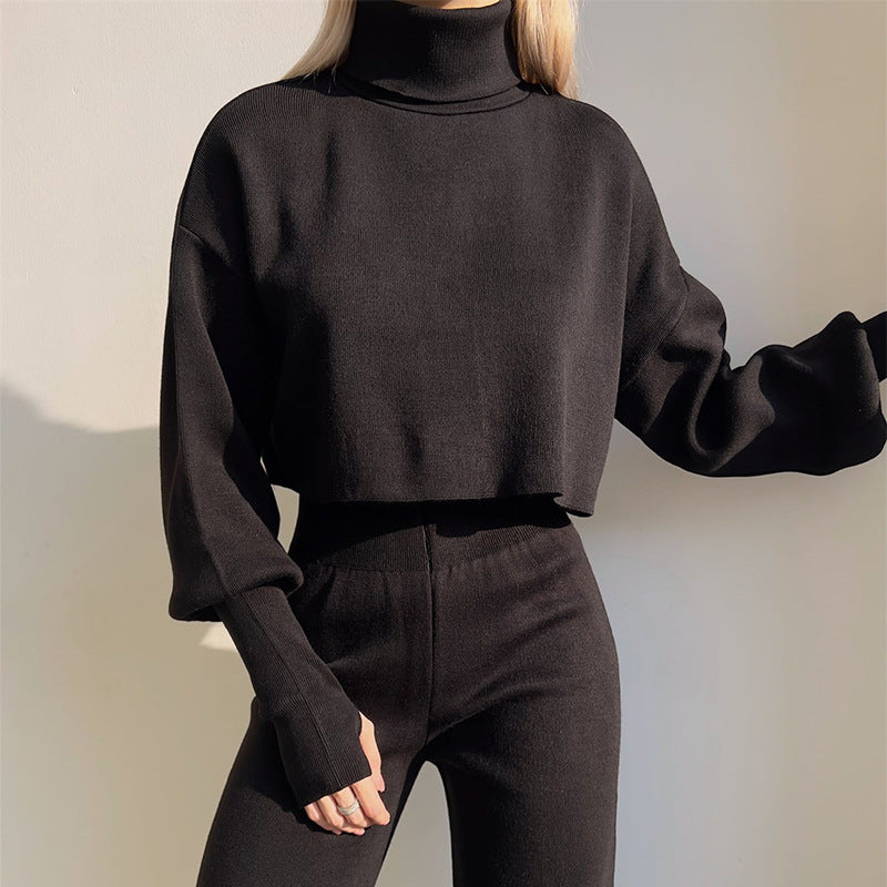 Women’s Lounge Set – Soft Knit – High Neck Top – Wide Leg – Relaxed Fit