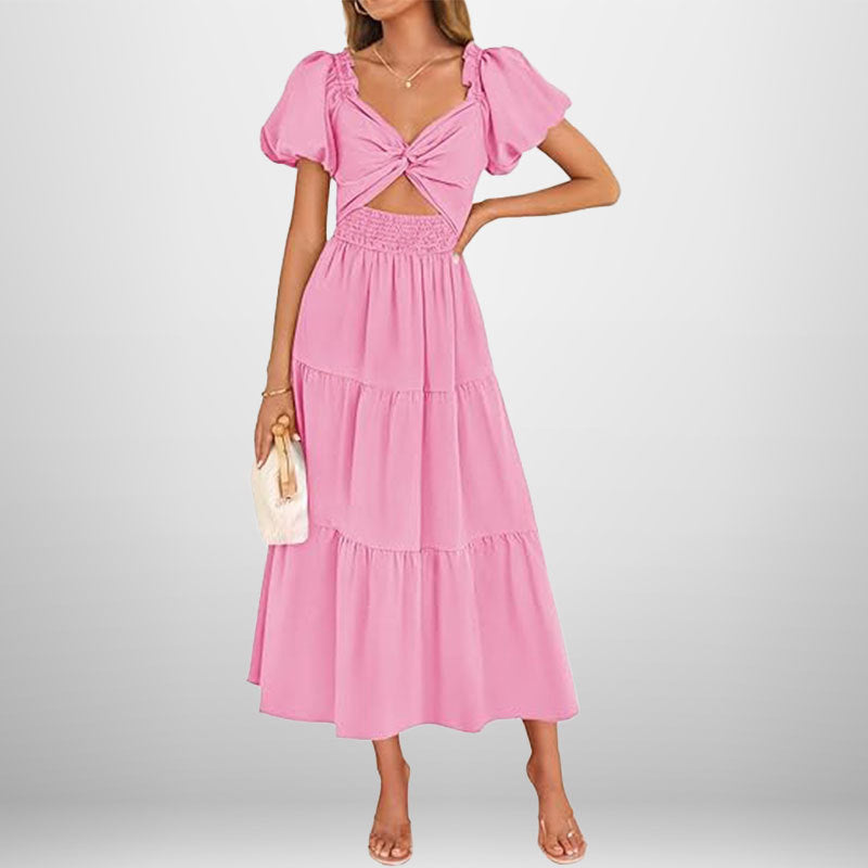 Women’s Long Dress – V-Neck – Puff Sleeve – Smocked Waist – Tiered A-Line Skirt