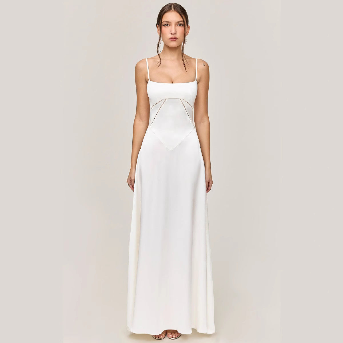 Women’s Midi Dress – Slim Fit – Satin Feel – Lace Panel – A-Line – Spaghetti Strap