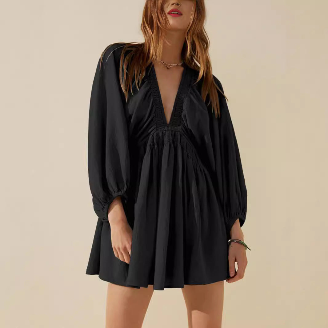 Women’s Mini Dress – Cotton Linen Blend – V-Neck – Long Sleeve – Relaxed Fit