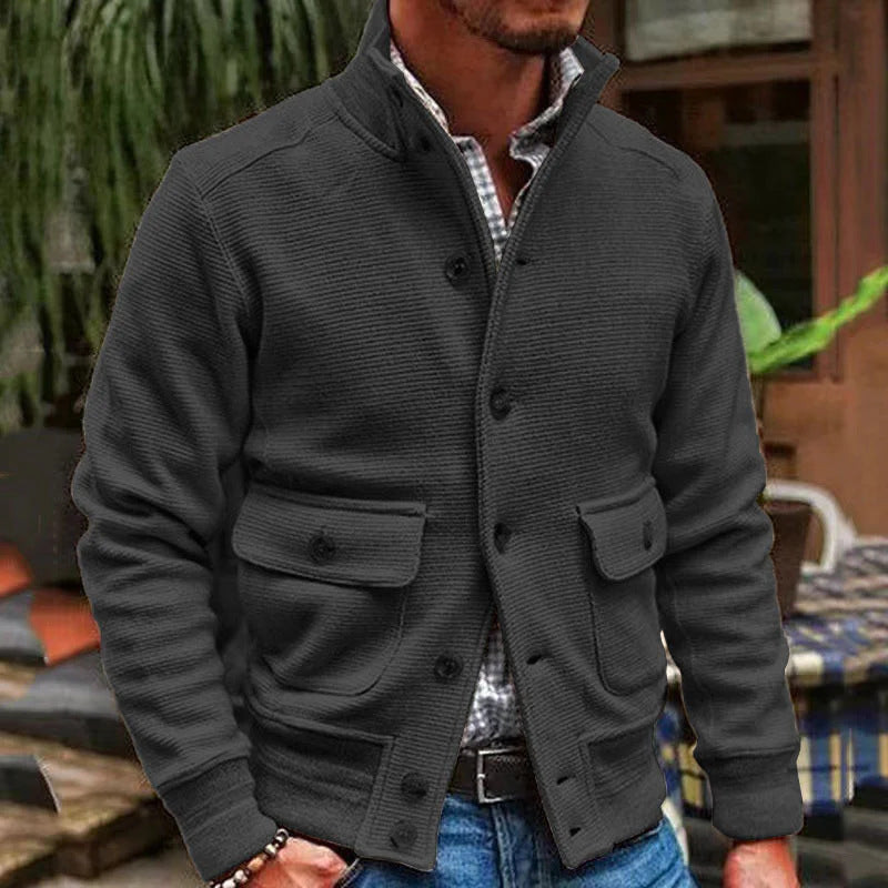 Men’s Jacket – Slim Fit – Textured Fabric – High Collar – Button Front – Flap Pockets