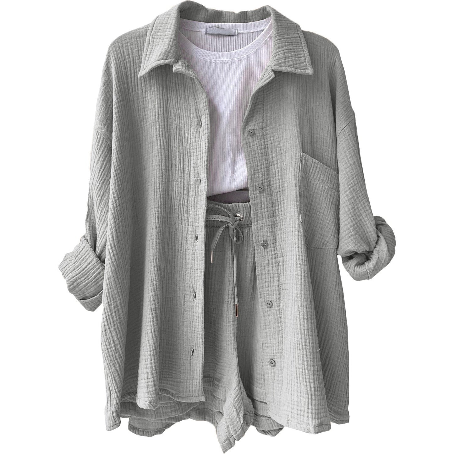 Women’s Two-Piece Set – Crinkled Shirt with Classic Collar – High-Waisted Drawstring Shorts