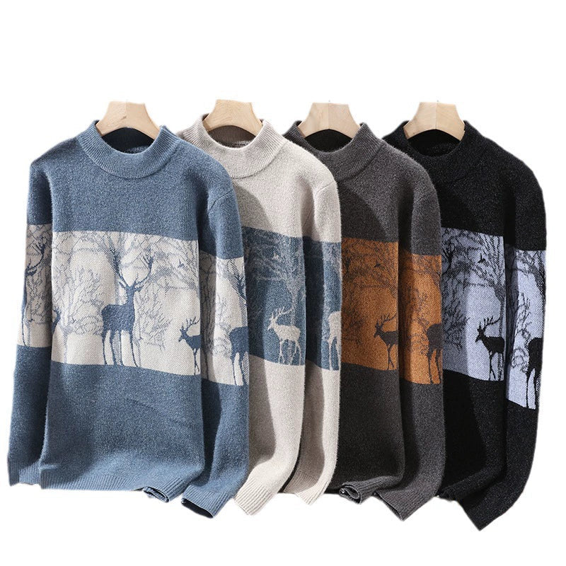 Men’s Pullover Sweater – Loose Fit – Wool Blend Knit – Mock Neck – Deer Pattern