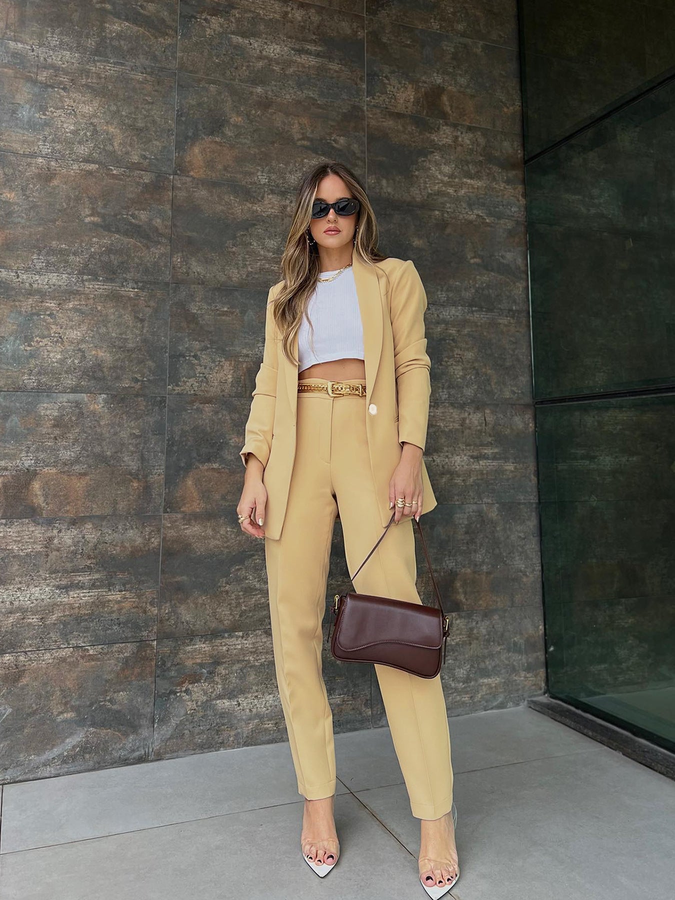 Women's Chic Beige Suit - Tailored Blazer & Pants Set