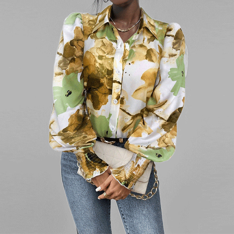 Women’s Button-Down Shirt – Oversized Fit – Puff Sleeve – Floral Print – Smocked Cuffs