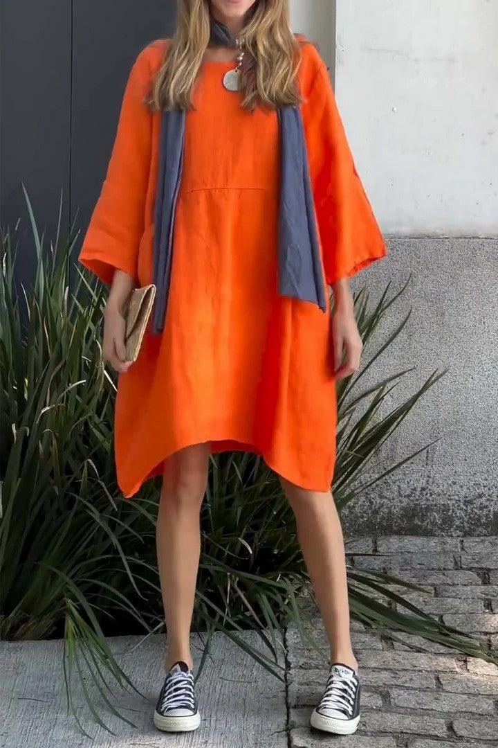 Women’s Dress – Relaxed Fit – Cotton Linen – 3/4 Sleeve – Knee Length – Pockets