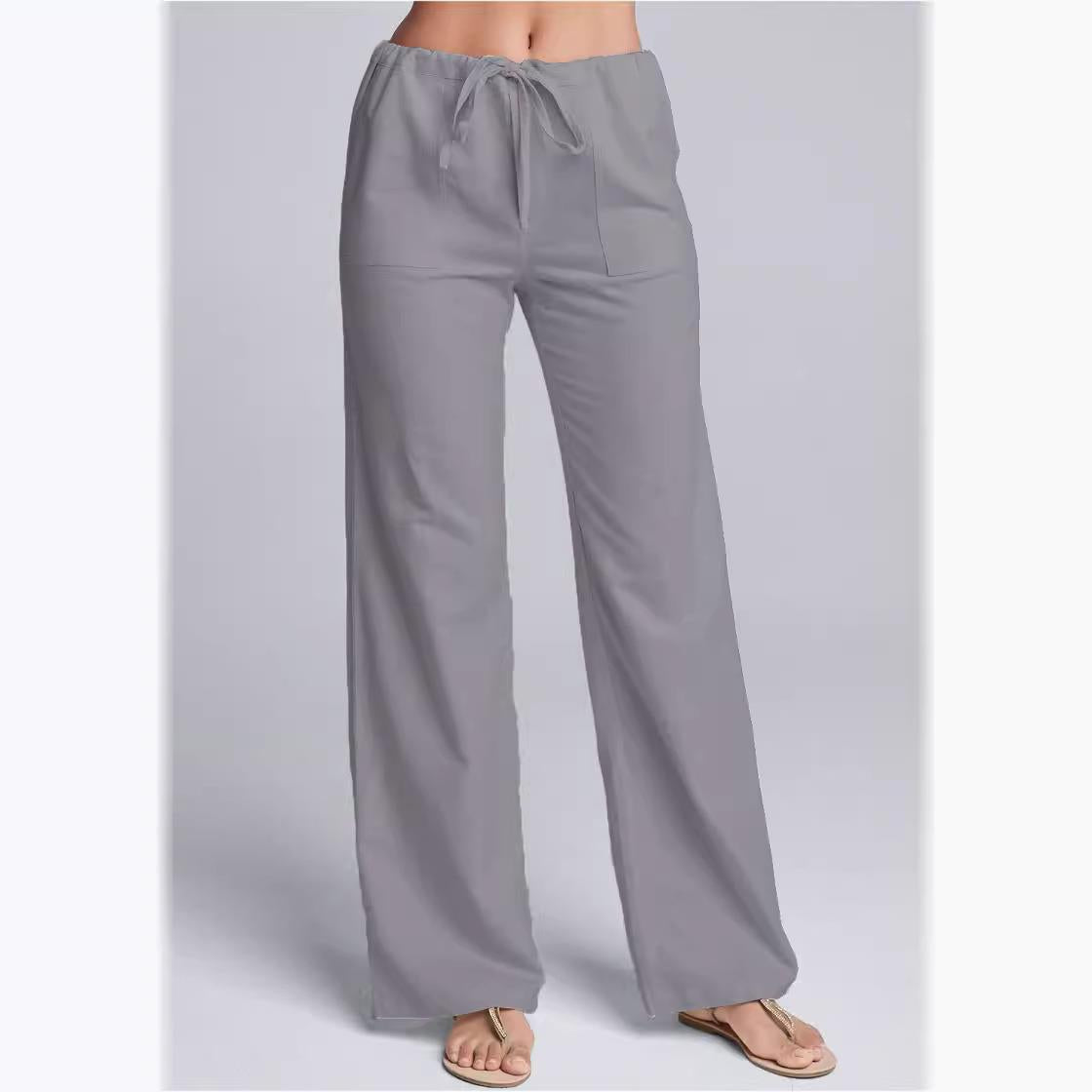 Women’s Casual Trousers – Cotton Linen Blend – Loose Fit – Drawstring Waist – Full Length