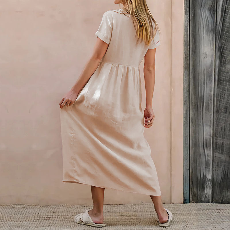 Women’s Casual Dress – V-Neck – Button Front – Loose Fit – Cotton-Linen Blend – Midi Length