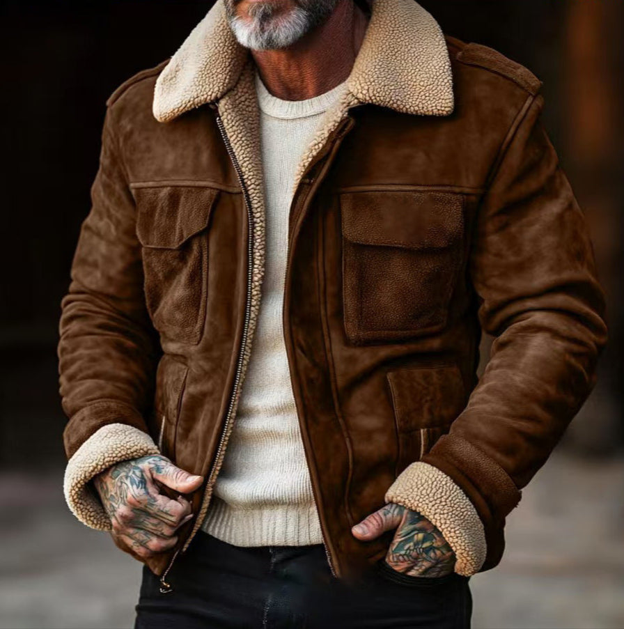 Men’s Shearling Jacket – Suede-Like Outer – Structured Fit – Zip Front – Flap Pockets