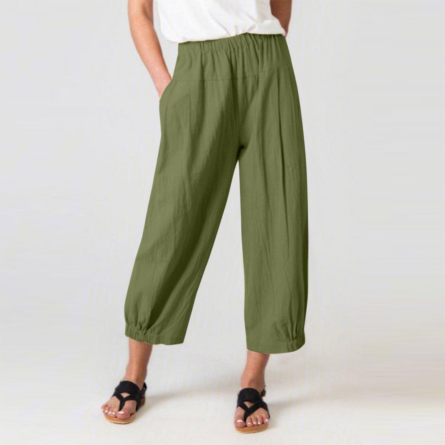 Women’s Harem Pants – Cotton Linen Blend – High Waist – Cropped Relaxed Fit – Side Pockets
