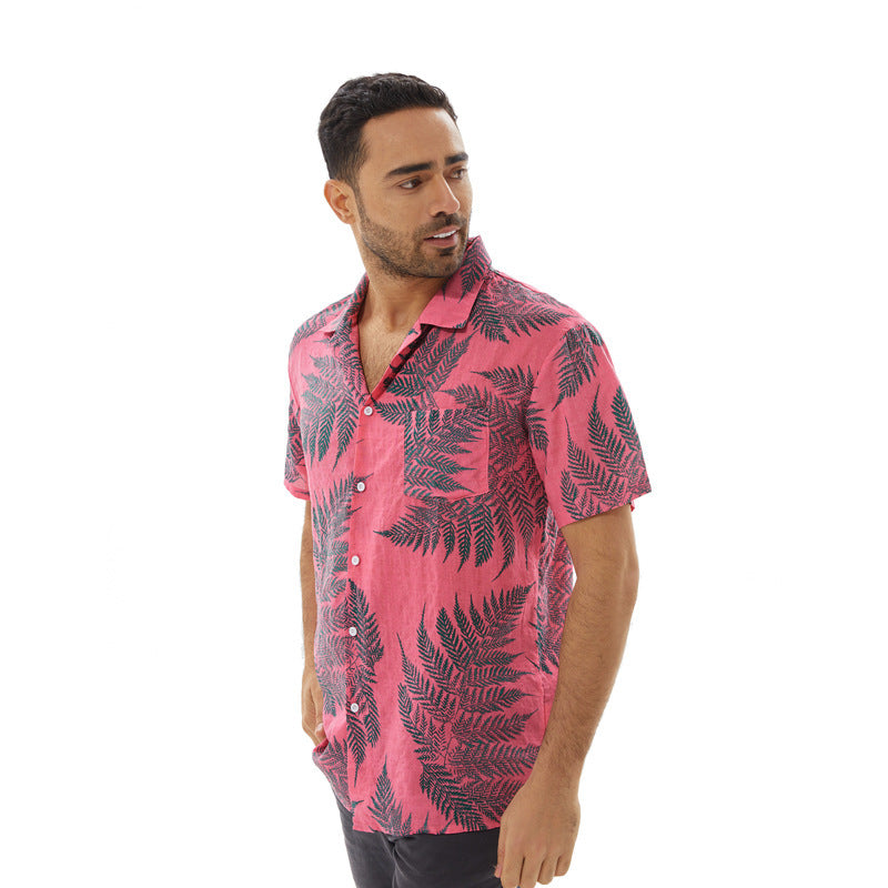 Men’s Short Sleeve Shirt – Relaxed Fit – Lightweight Breathable Cotton Blend – Leaf Print