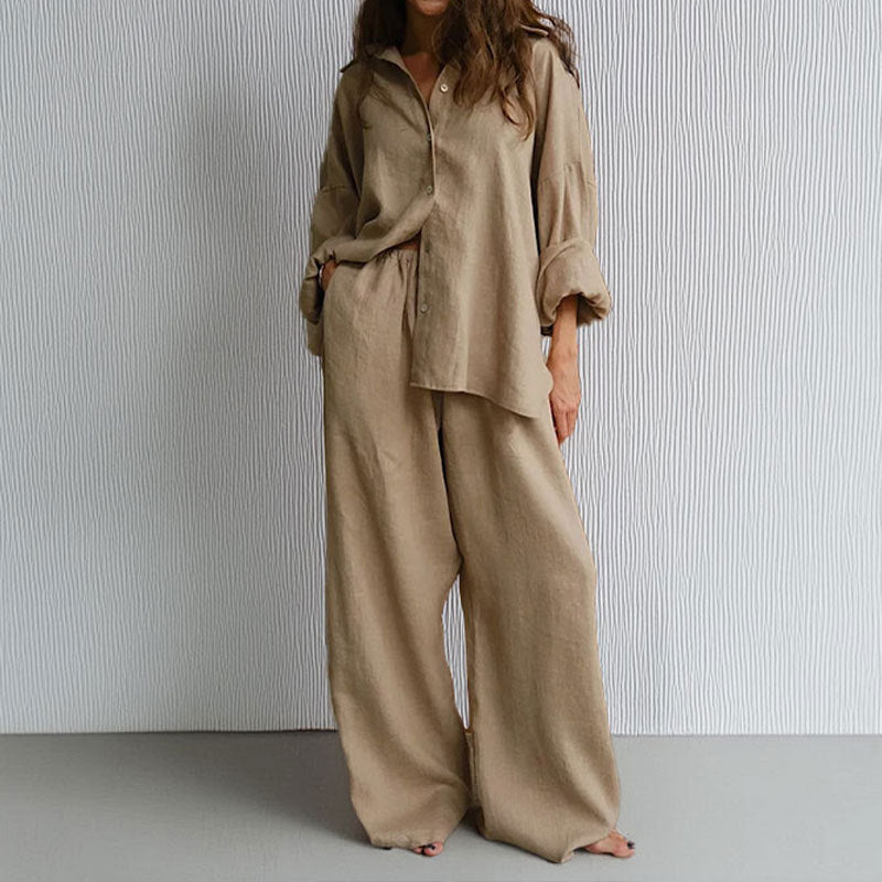 Women’s Two-Piece Set – Linen Blend – Oversized Fit – Button-Down Shirt & Wide-Leg Trousers