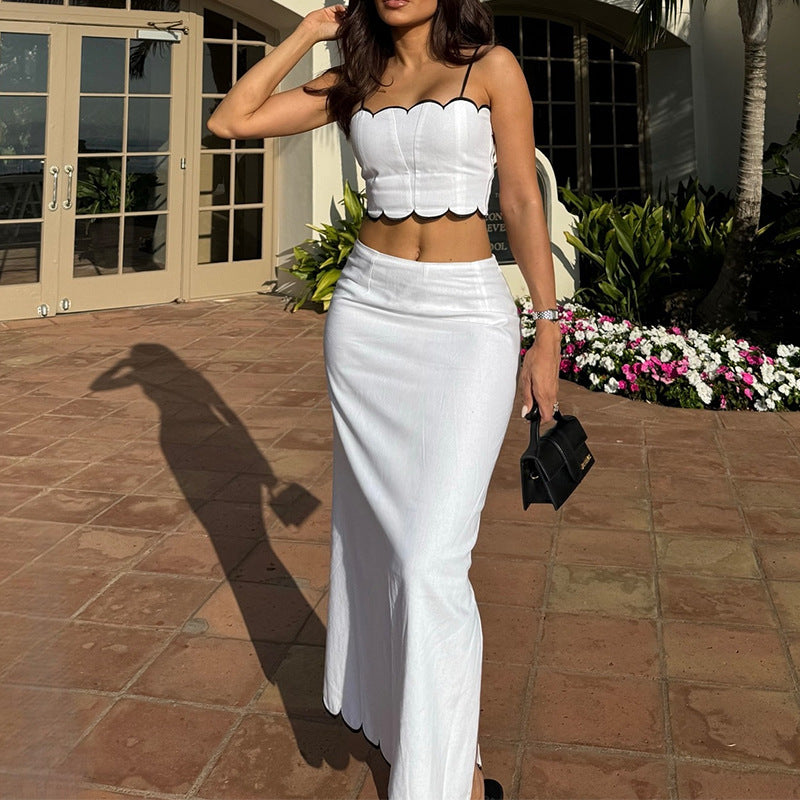 Women’s Two-Piece Set – Slim Fit Crop Top with Spaghetti Straps – Midi Skirt Flared Hem