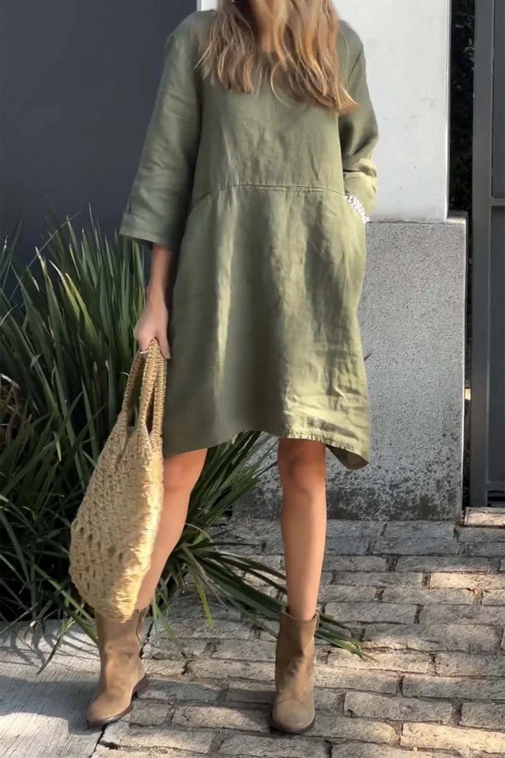 Women’s Dress – Relaxed Fit – Cotton Linen – 3/4 Sleeve – Knee Length – Pockets