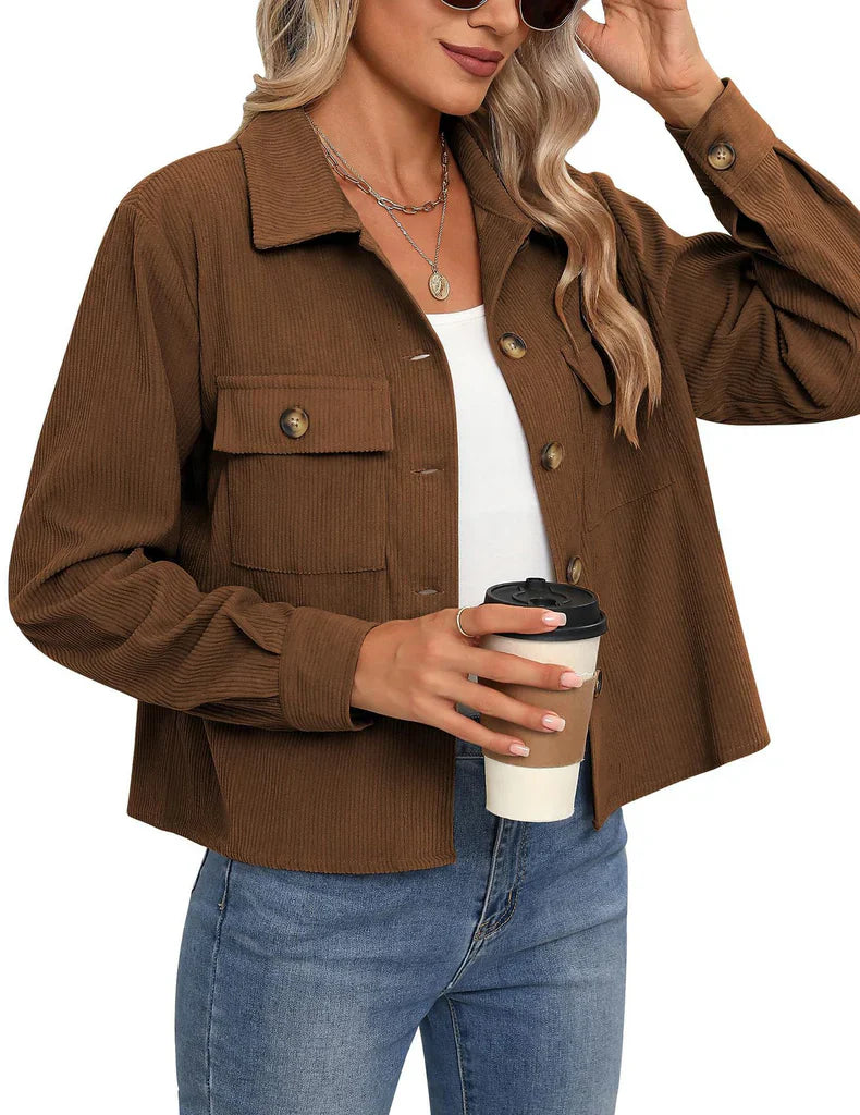 Women’s Utility Jacket – Relaxed Fit – Ribbed Texture – Button Front – Chest Pockets