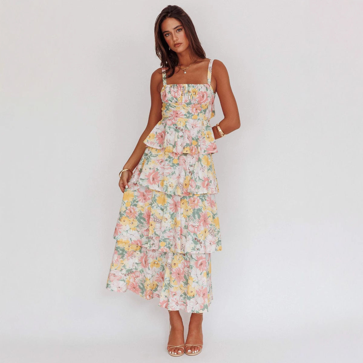 Women’s Midi Dress – Slim Fit Bodice – Ruffled Skirt – Sleeveless Floral Print