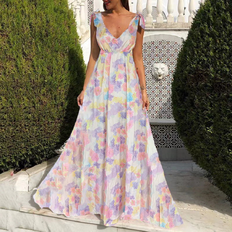 Women’s Maxi Dress – Floral Print – Scoop Neck – Sleeveless – Open Back – Flowy Fit
