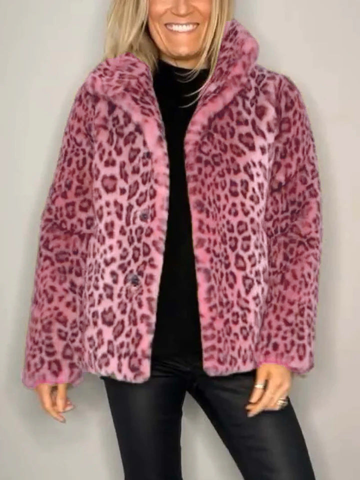 Women’s Coat – Faux Fur – Oversized Fit – Notched Collar – Leopard Print – Casual