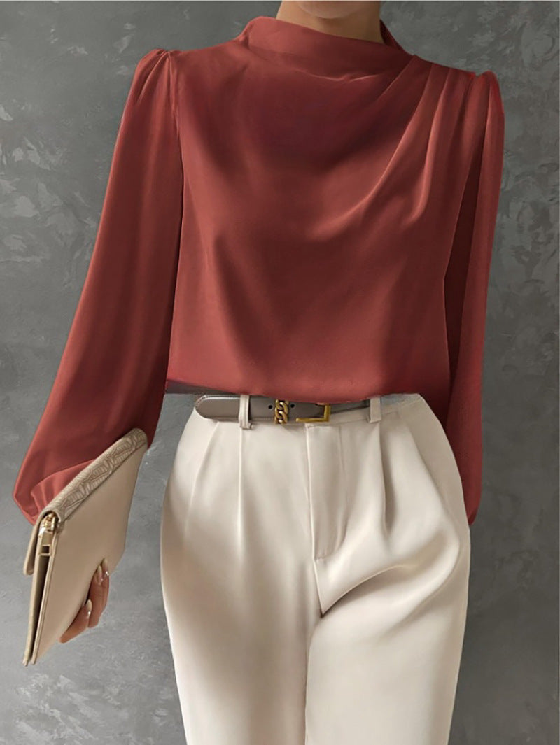 Women’s Satin Blouse – Relaxed Fit – High Neck – Long Sleeve Elegant Draped Top